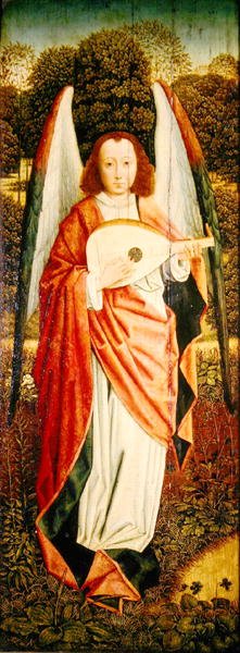 The Virgin and Child with Angels, left hand panel depicting an angel musician by Master of the Embroidered Foliage